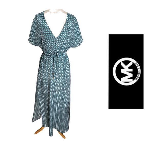 Michael Kors Teal Geometric Checked Maxi Slit Side Dress XS - Picture 1 of 16